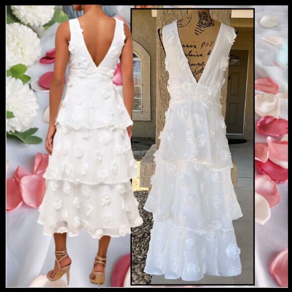 Lulus White Sleeveless Tiered Exceptional Entrance Rosette Midi Dress Size L - Picture 3 of 9